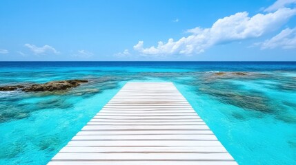 Naklejka premium calm ocean and sea with clear blue water, bright sunshine, and fluffy clouds, featuring a tropical wooden pier and boardwalk perfect for scenic travel, vacation, and relaxation.