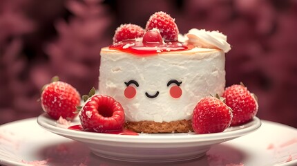A surreal infrared image of an adorable and charming Creamy Cheesecake with Strawberries and Raspberry Sauce. Infrared tones give it an otherworldly appearance 