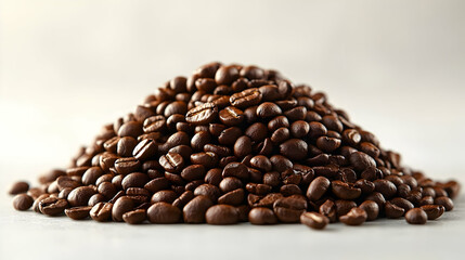 Pile of Roasted Brown Coffee Beans on White Background