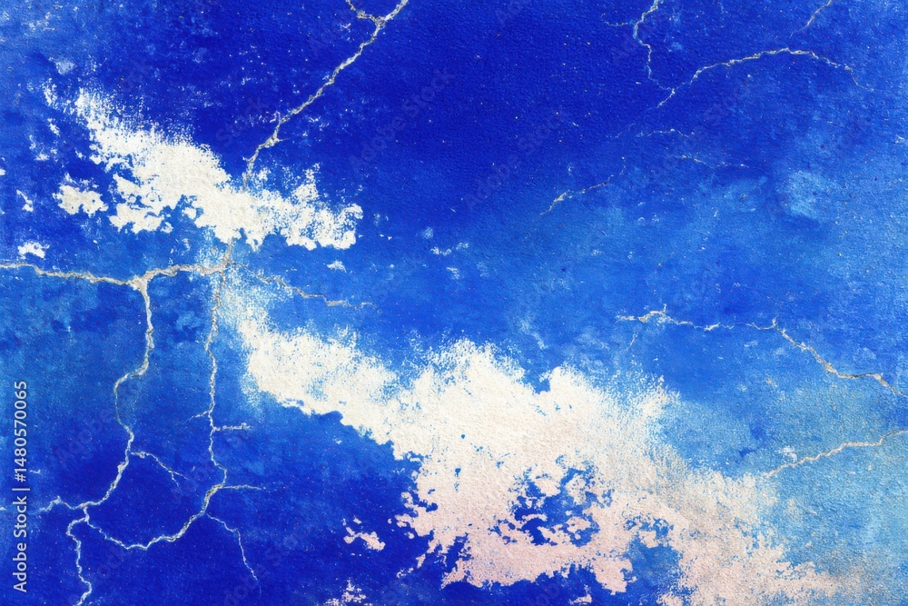 Poster abstract close-up of blue and white textured wall with cracks and weathering for background or desig