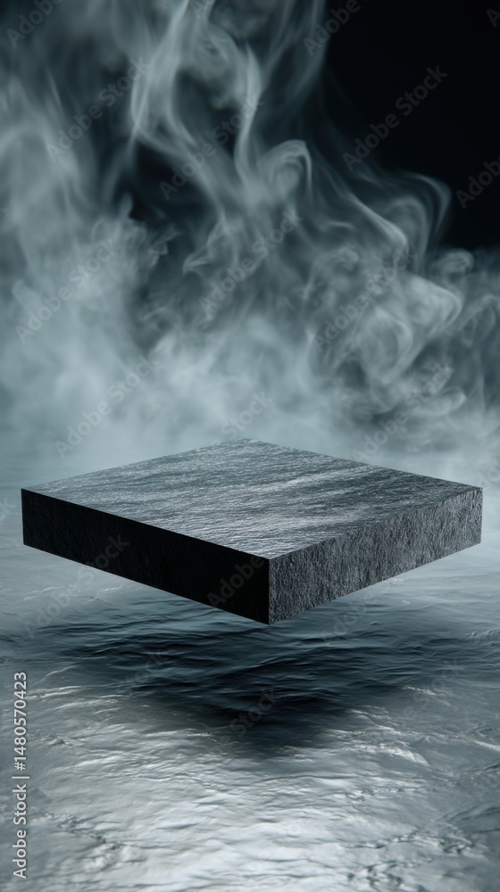 Poster floating stone platform display with smoke background studio shot product showcase minimalist presen