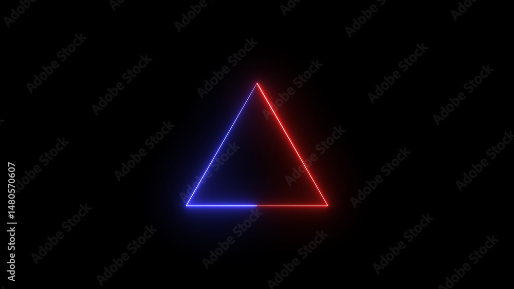 Poster glowing neon triangle symbol in red and blue with illuminated lines on a black background representi