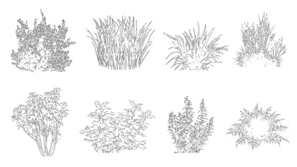 Fototapeta na wymiar set of shrubs line cad, minimal isolated on white background. Ground cover. Illustration for elevation architectural element, side view, grass section. Turf coating banners for edging