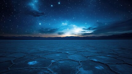 Fototapeta premium Constellation-rich night sky seen from a dry salt flat stretching to the horizon