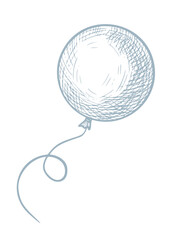 Round Balloon vector illustration with curved string in sketch style. Outline pastel blue drawing of helium decor for Baby shower invitations or childish greeting cards. Engraving for party design.