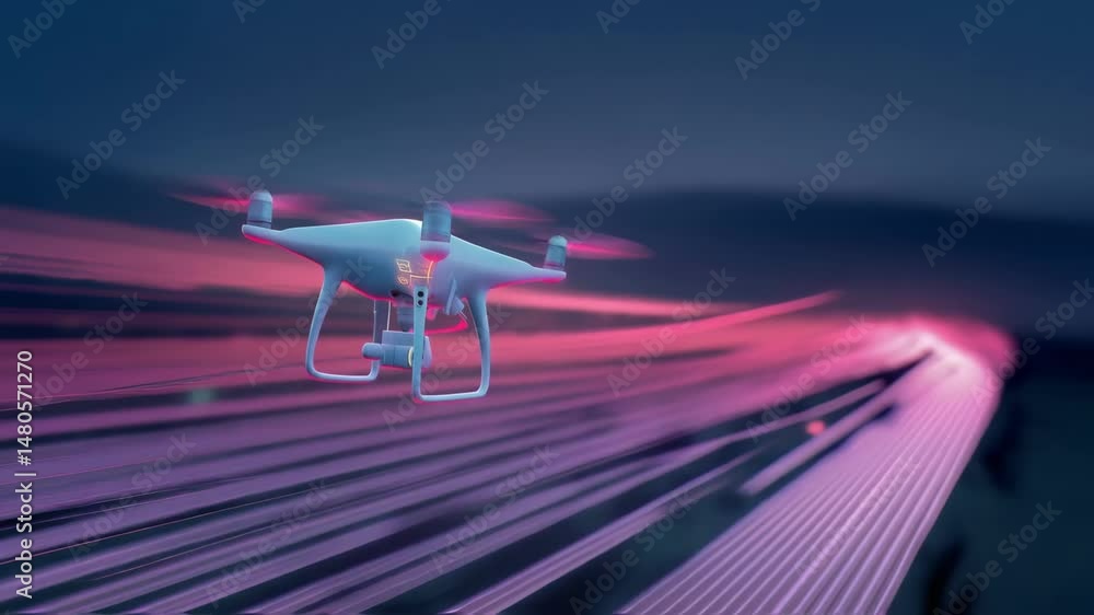 Poster quadcopter drone hovering above illuminated pink light streams, generating dynamic futuristic techno