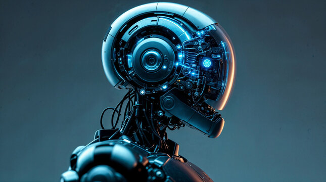 Side view of a high-tech humanoid robot head showcasing exposed mechanical circuits, wires, and vivid blue lights in a futuristic and advanced AI design