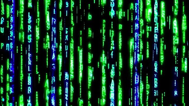 Green and blue digital rain effect reminiscent of the matrix movie, with random characters and numbers cascading down a black backdrop