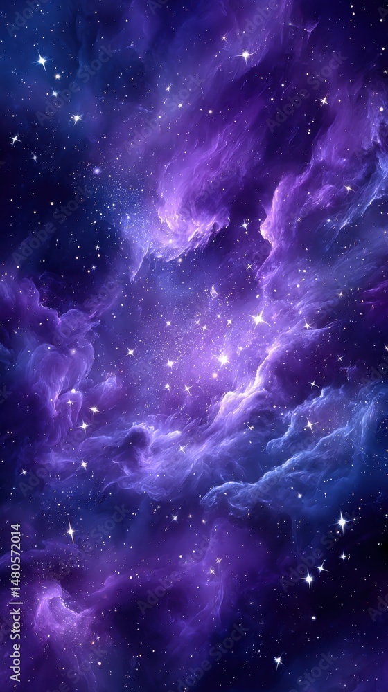 Poster celestial nebula in deep space with sparkling stars and purple clouds abstract art background