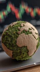 A green globe displayed on a blurred laptop screen, overlaid with a stock chart. The image symbolizes green business, digital sustainability, and future green energy innovations, highlighting the grow