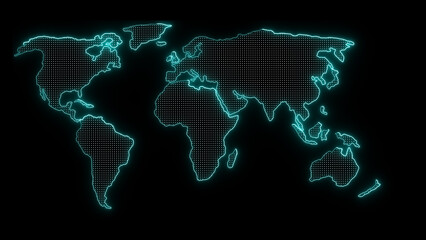 Glowing blue neon world map on a black background with a dotted pattern representing global connections and the network of worldwide communication