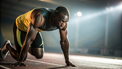 Focused professional athlete is preparing to sprint on track, showcasing strength and determination in dynamic pose. scene is illuminated by dramatic lighting, enhancing intensity of moment