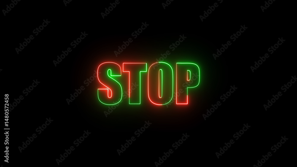 Poster illuminated glowing stop sign on black background in red and green neon colors creating a bold graph