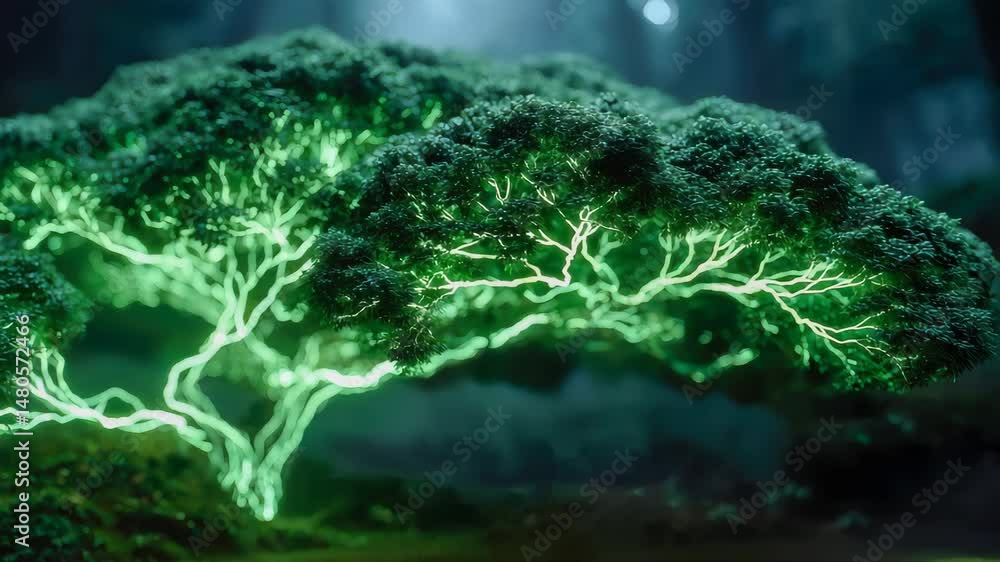 Poster conceptual glowing tree with illuminated neural branches in a mysterious forest, symbolizing organic