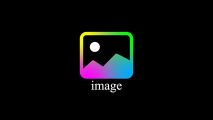 Colorful illustration representing image concept featuring abstract mountain landscape with a circle symbol on a black background and a simple wordmark.