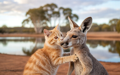 Fototapeta premium outback scene during golden hour, showing a fluffy ginger cat playfully nuzzling a gentle young kangaroo beside a billabong