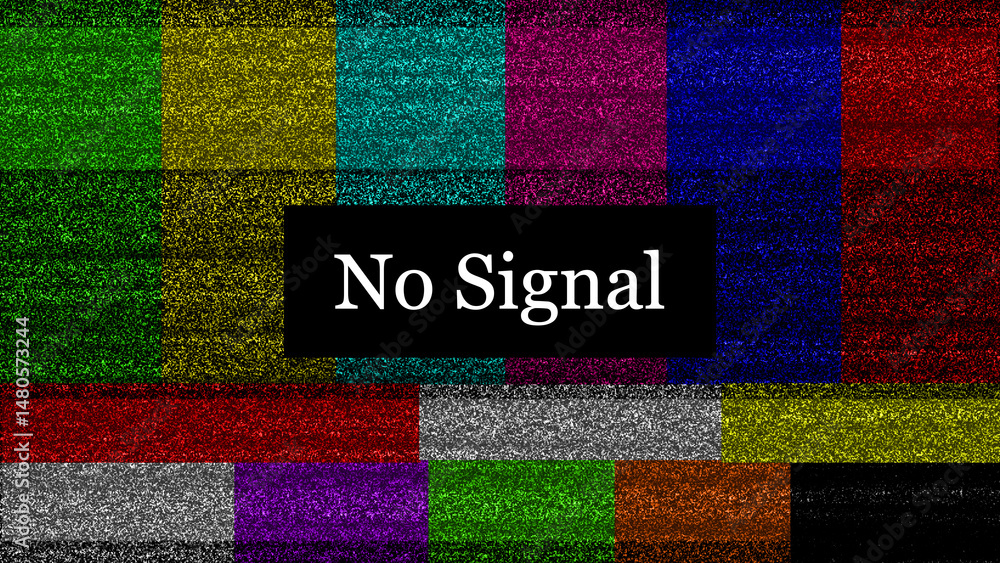 Poster a retro television screen displaying a classic no signal message against a colorful static backgroun