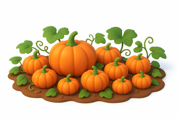 Colorful pumpkins growing in a lush garden.