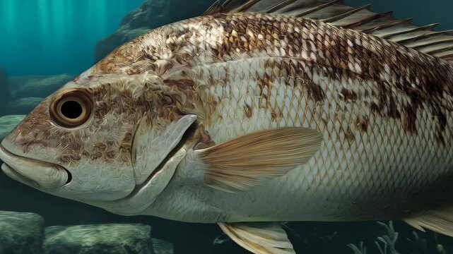 Large spotted snaper swimming in the ocean current with seaweed and coral formations in the background with sunlight refracting through the water.