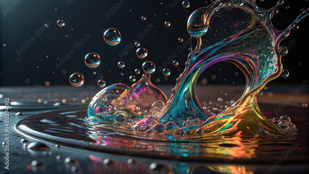 Poster dynamic abstract liquid forms intertwining, creating mesmerizing display of colors and reflections. 