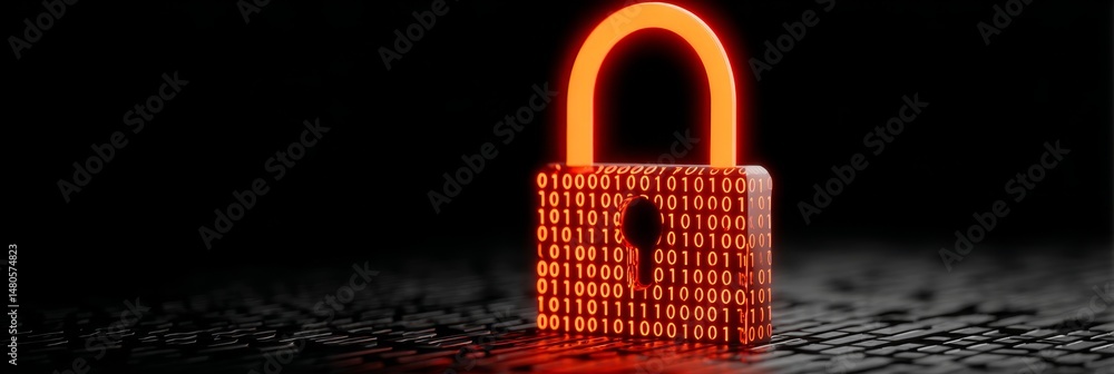 Poster security lock - glowing orange padlock with binary code, symbolizing data protection and online secu
