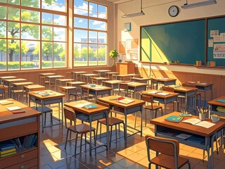 明るい日差しが差し込む静かな教室のインテリア 光と影のコントラストが美しい 教育機関 学習空間 机と椅子が整然と並ぶ 静寂に包まれた学校の教室