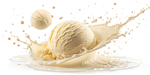 Vanilla Ice cream scoop or ball with splash levitating and flying,