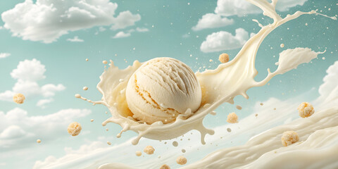 Vanilla Ice cream scoop or ball with splash levitating and flying,