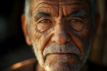 Close-up portrait of an elderly man, his face etched with age and experience, showing deep wrinkles and a thoughtful expression.  His gaze is intense and direct