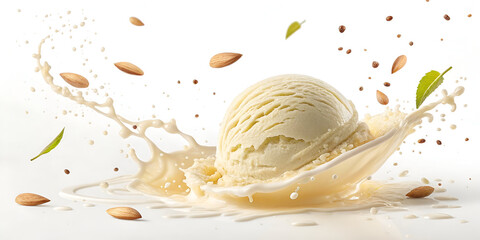 Vanilla Ice cream scoop or ball with splash levitating and flying,