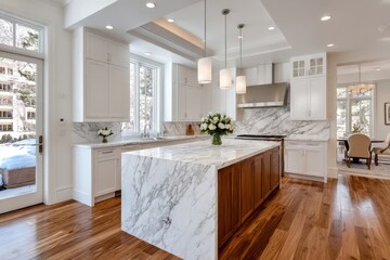 Modern kitchen design featuring marble countertops and wooden accents in a spacious home