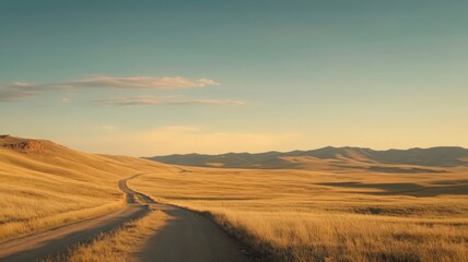 Expansive Desert Landscape at Sunset with Dirt Road