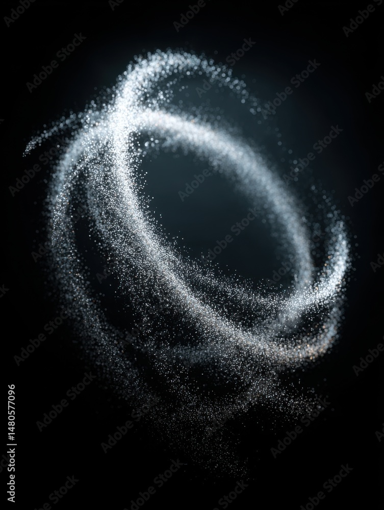 Poster abstract swirl of sparkling particles against black background in studio shot for modern design elem