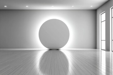 Serene Minimalist Interior with Illuminated Circle - Modern, clean, spacious room. A smooth, round white disc is centrally illuminated, symbolizing purity, simplicity, balance, focus, and potential