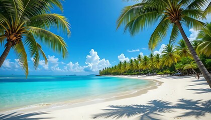 Serene tropical beach with turquoise water, white sand, palm trees, and a clear blue sky