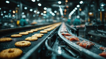 Conveyor belt loaded with cookies and other baked goods inside a modern seafood processing factory for quality production