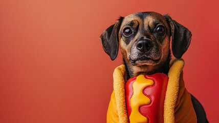 Dog wearing hot dog costume against vibrant red background  