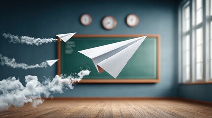Vintage Classroom Dreams - Paper airplane soaring in front of an antique chalkboard wall.