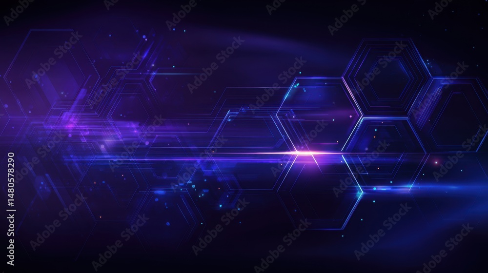 Poster abstract technology background with hexagons and lines in blue and purple tones futuristic design fo