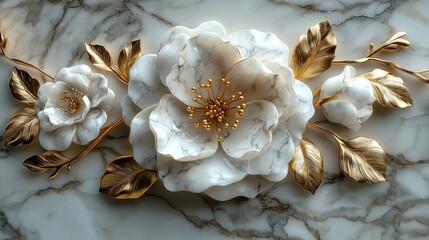 Elegant white marble flowers with gold accents