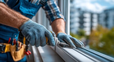 Close-Up of Man in Blue Uniform Repairing Window Frame with Screwdriver, Applying Rubber Seal, Home Interior with Garden View