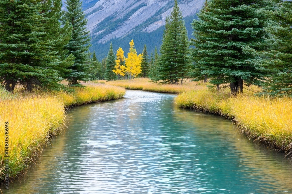Poster serene river bend in autumn - a tranquil stream winds through golden grasses and evergreen trees, a 