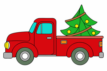 red truck with Christmas tree on white