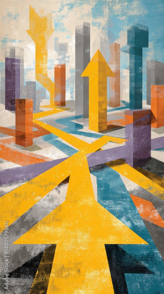 Poster abstract growth illustration with arrows and blocks showing progress and direction in business strat