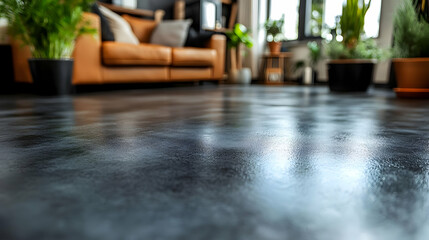 Reflective Dark Polished Concrete Floor in Modern Living Room