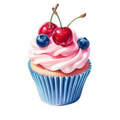 Cupcake with cherries and blueberries on transparent background