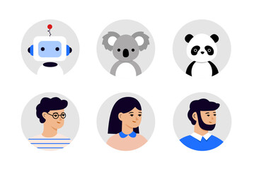 Flat style avatar set featuring male and female characters along with robot, koala, and panda faces in cartoon design