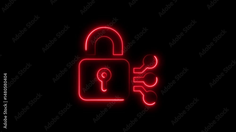 Poster glowing red neon lock and cyber circuitry on black background abstract visual