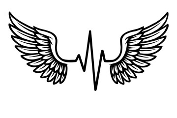 Obraz premium Black and White Illustration of a Heart Rate Line with Wings - Graphic Element for Medical, Health, or Design Themes