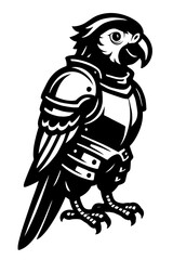 Fototapeta premium Black and White Illustration of a Parrot Wearing Medieval Armor - Graphic Element for Animals, Fantasy, or Design Themes